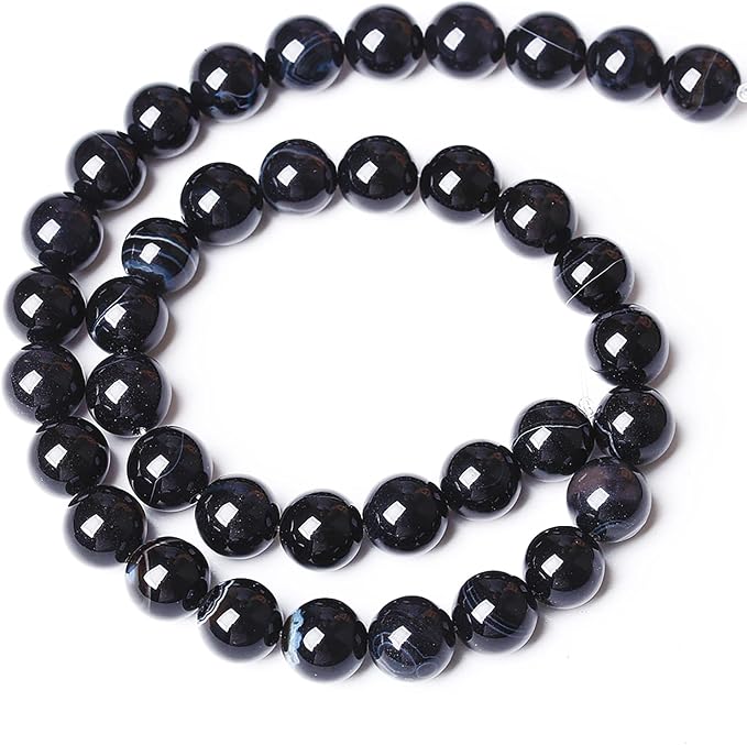 36PCS 10mm Natural Black Striped Agate Beads Gemstone Round Loose Beads - Image 5