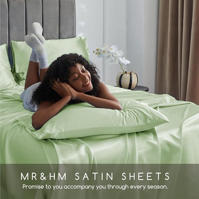 MR&HM Satin Bed Sheets with Elastic Corner Straps, Full Size Sheets Set - Image 5