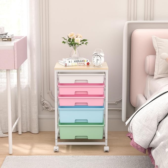 SYKIARIOL Utility Cart with 5 Drawers, Storage Drawer Cart with Wooden Tabletop - Image 2