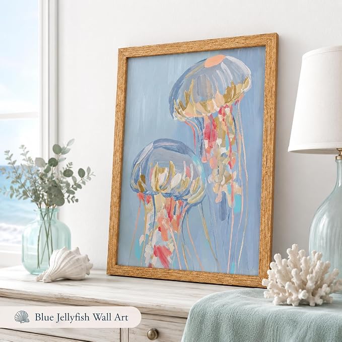 Framed Blue Jellyfish Canvas Wall Art, Marine Animals Painting Picture Wall - Image 3