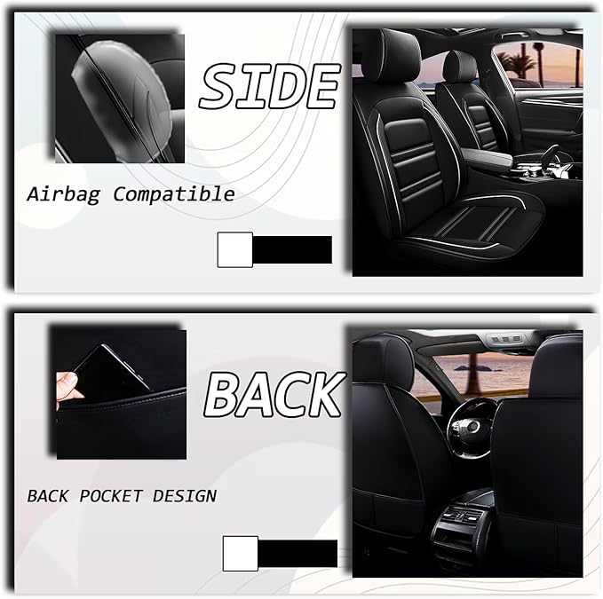 Seat Covers for Dodge Grand Caravan 1999-2020 | 5-Seats Leather Seat Covers, Easy to Install Automotive Seat Covers Full Set (Full Set, Black&White Line)