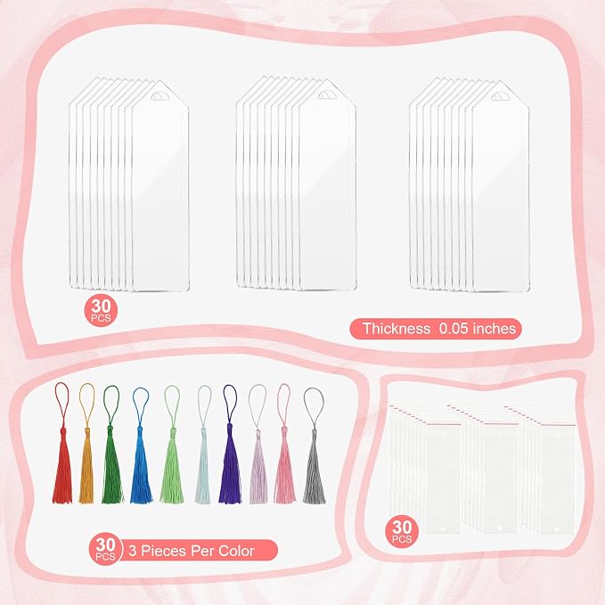 90Pcs Acrylic Bookmark Blanks Kit-30 Set Clear Acrylic Bookmarks 6" x 1.6" - Image 6