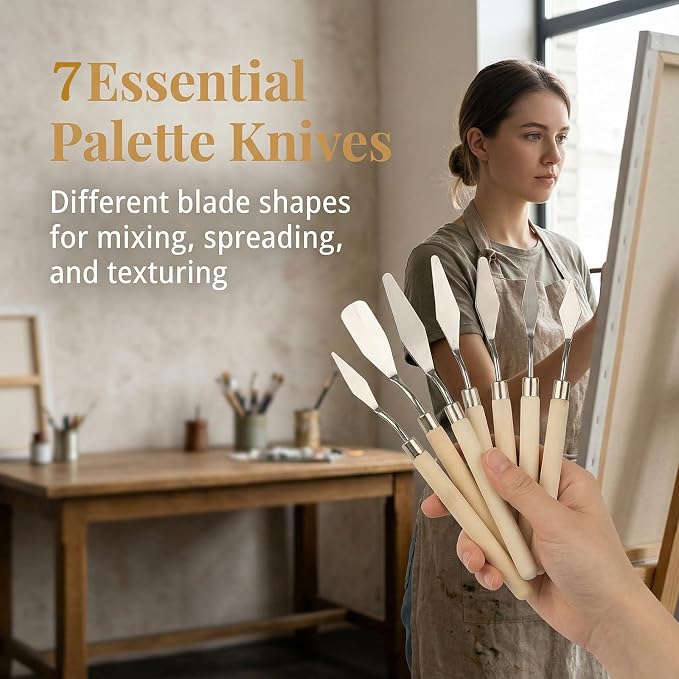 7 Piece Palette Knife, Stainless Steel Blades Oil Paint Knives Wood Handle | - Image 3