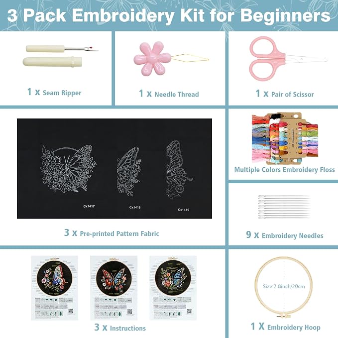 RidaaFri Embroidery Kit for Beginners, 3 Pk Stamped Butterfly DIY Craft Supplies - Image 3