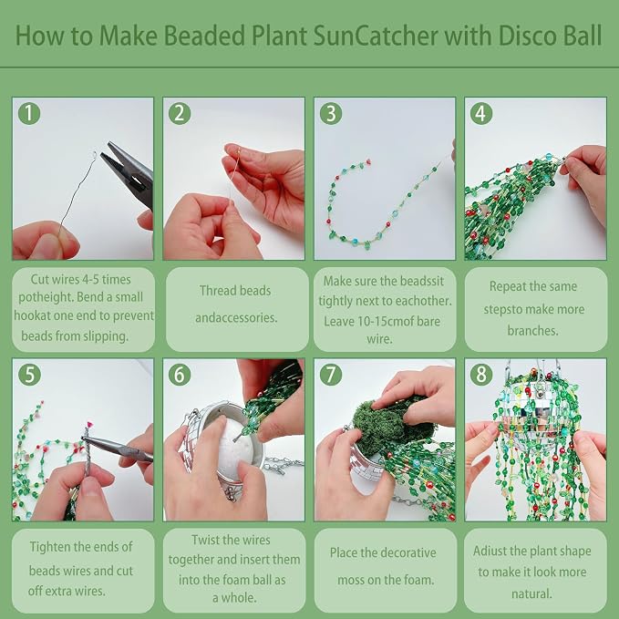 Beaded Plant Kit Green Glass Beads Flower Leaf Suncatcher Disco Ball Hanging - Image 6