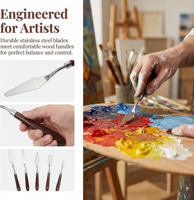 5pcs Palette Knife Painting Stainless Steel Spatula Wood Handle | Oil Paint - Image 4