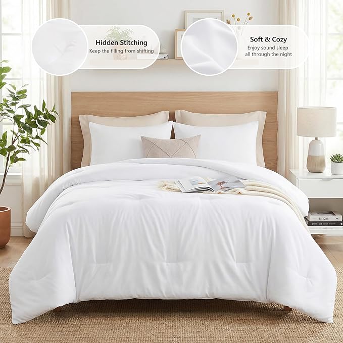 CozyLux White Queen Comforter Set, 3 Pieces Solid Breathable Quilted Boho Style - Image 2