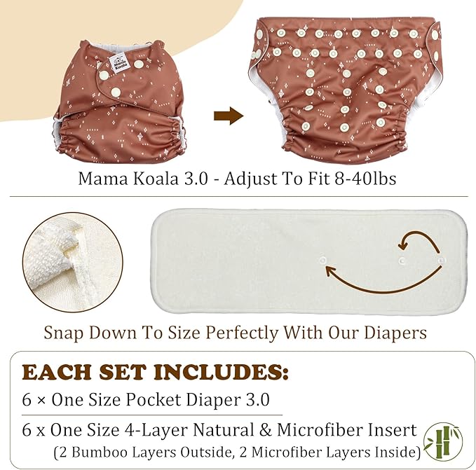 Mama Koala 3.0 Cloth Diapers for Babies with AWJ Lining, 6 Pack with 6 Natural Cloth Diaper Inserts - Reusable and Washable Pocket Diapers (Space Ranger)