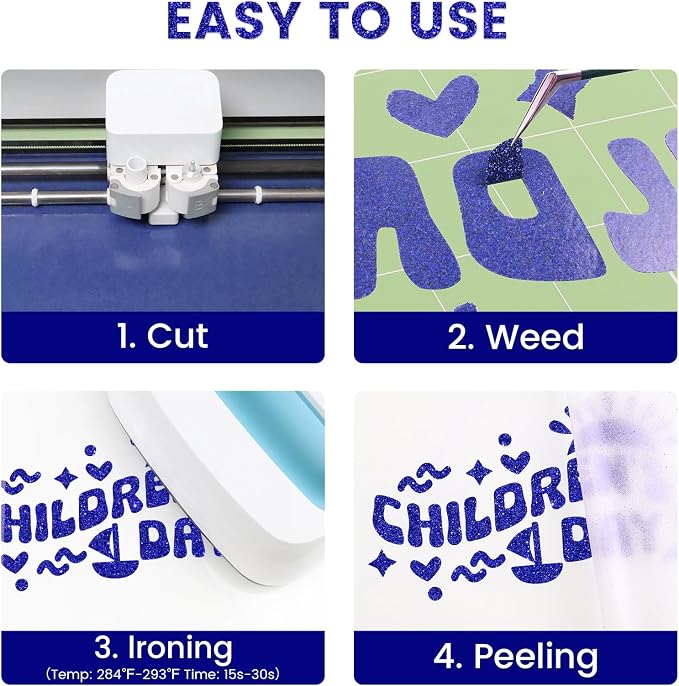 Glitter HTV Heat Transfer Vinyl, Royal Blue 12pcs 12" x 10" Iron-on Vinyl | - Image 3
