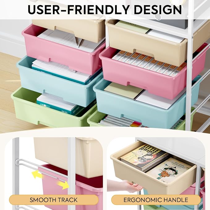Rolling Cart with 8 Drawers, Storage Drawer Cart with Wooden Tabletop, Lockable - Image 5