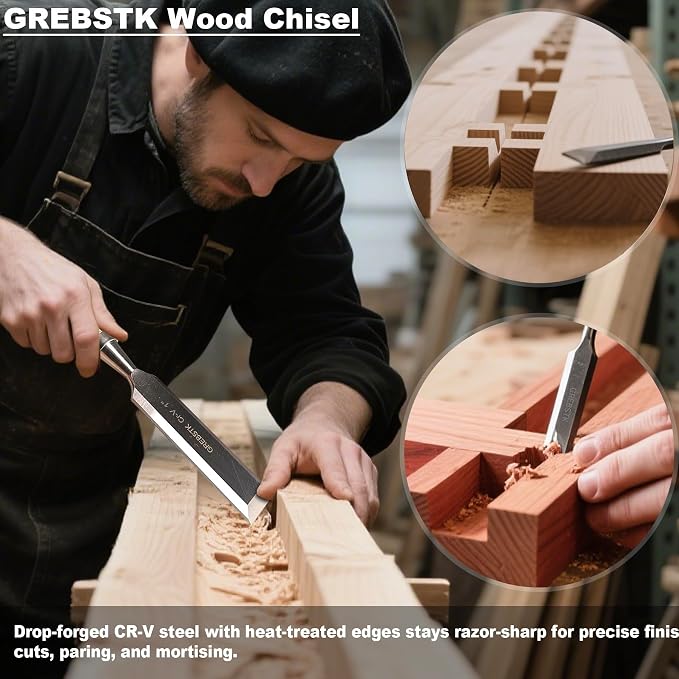 GREBSTK 4-Piece Ultra-Sharp Wood Chisel Set, CR-V Steel Beveled Blades - Image 7