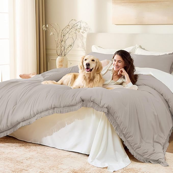 Andency Queen Comforter Set Heather Grey, 3 Pieces Boho Fall Tassel Lightweight - Image 4
