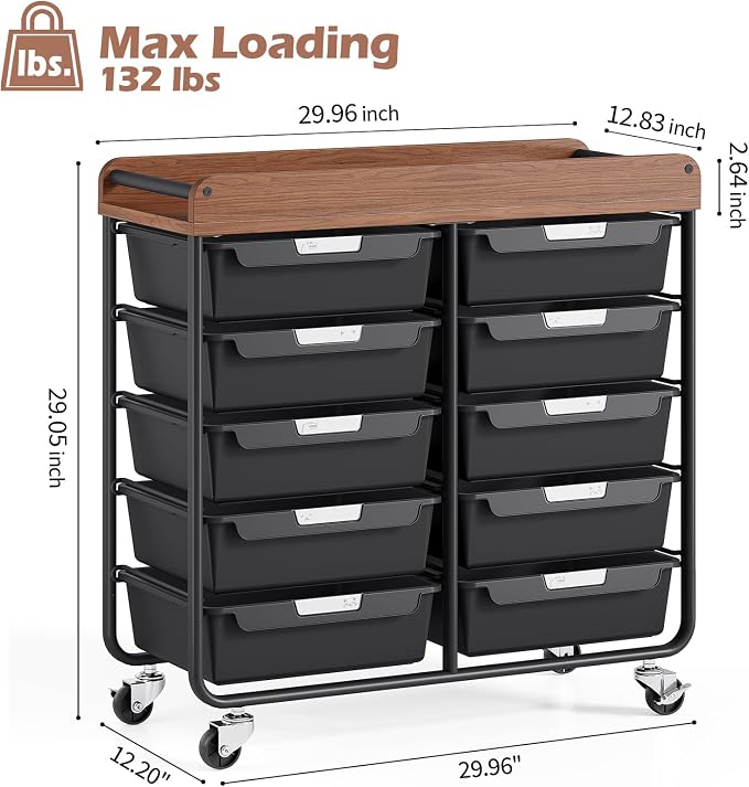 10 Drawers Rolling Cart with Wooden Tabletop, Utility Storage Cart with Wheels - Image 3