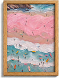 Framed Pink Girl Coastal Canvas Wall Art, Beach Surfers on Pastel Sand Painting by HJYQLN