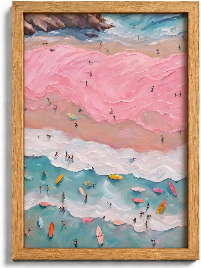 Framed Pink Girl Coastal Canvas Wall Art, Vintage Beach Painting Picture Wall by HJYQLN