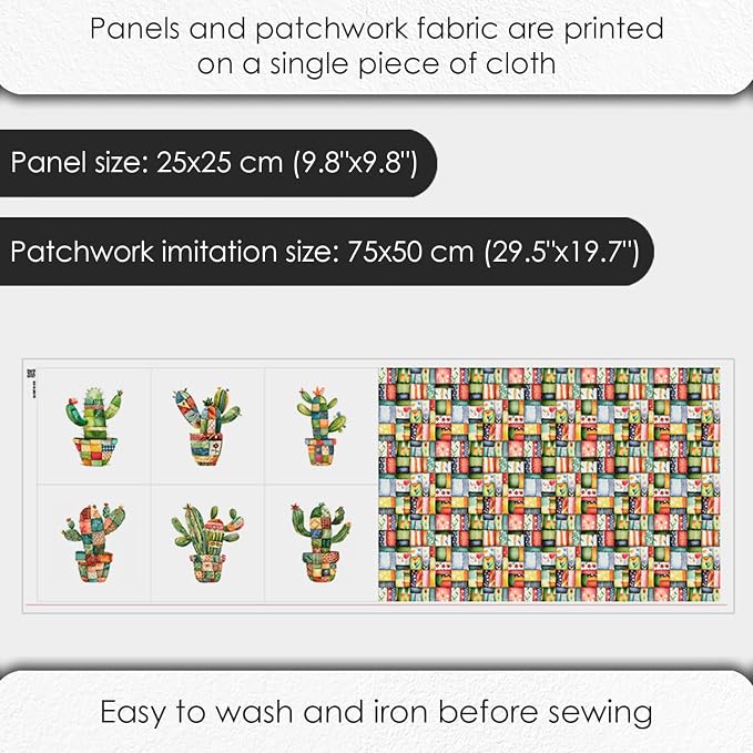 Patchwork Cactus Cotton Fabric Panel – Six 10×10 inch Designs + Bonus 29.5×19.6 - Image 4