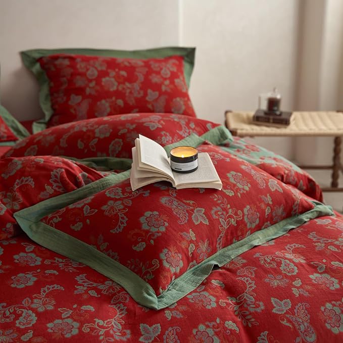 mixinni Exquisite Vintage Red Floral Duvet Cover Queen Size Yarn-Dyed Jacquard - Image 4