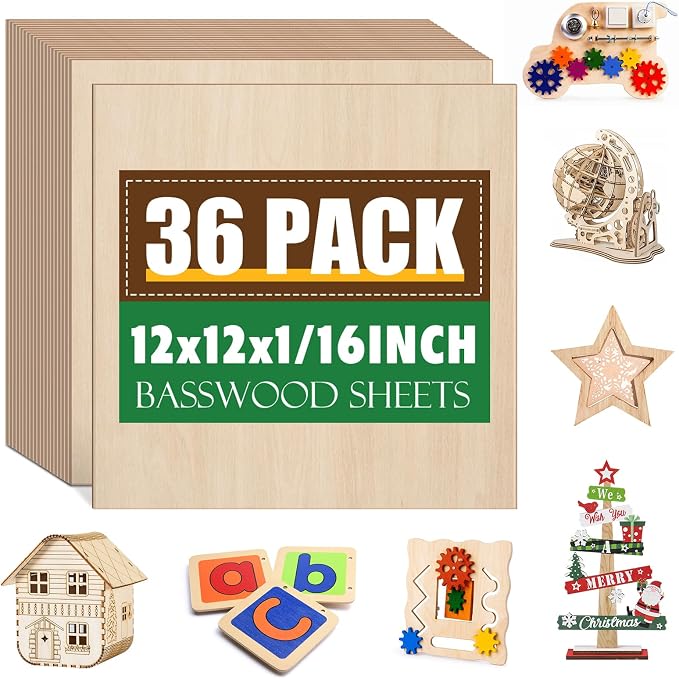36 Pack Basswood Sheets 1/16x12X12Inch, Plywood Sheets by ESRICH