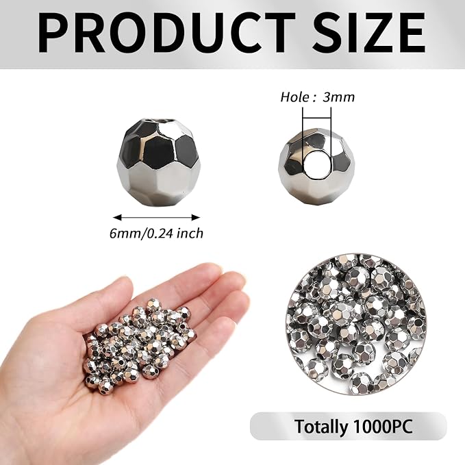 BONNY BOXX 1000pcs 6mm Acrylic Faceted Round Crystal Beads Silver Loose Spacer - Image 2