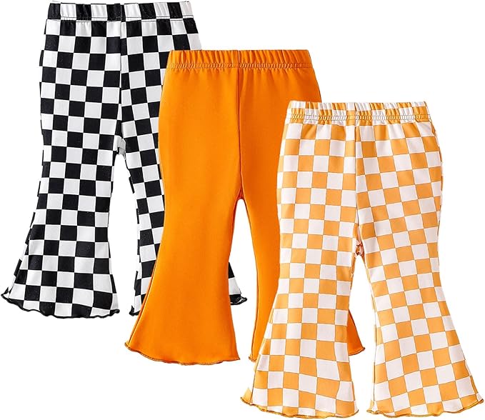SOBOWO Checkered Baby Girl Flare Pants 3 Pack Toddler Bell Bottoms Plaid Ruffle Leggings Pants Fall Winter Outfits Size 6M-4T