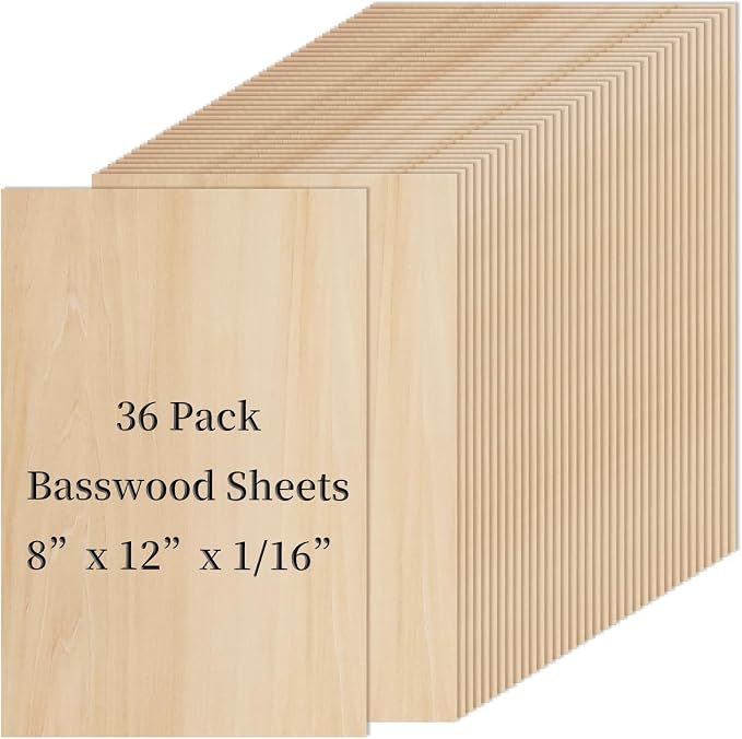 36 PCS Basswood Sheets for Crafts 8 x 12 x 1/16 in, 1.6mm Thick Unfinished by Prainetooy