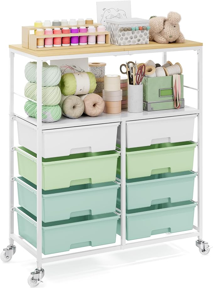 Rolling Cart with 8 drawers, Storage Drawer Cart with Wooden Tabletop, Lockable by APEXCHASER