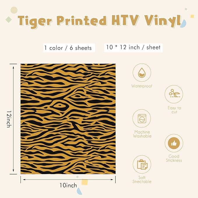 Tintnut Tiger Stripe Heat Transfer Vinyl, 6 Sheets 12" x 10" Iron on Vinyl | - Image 2