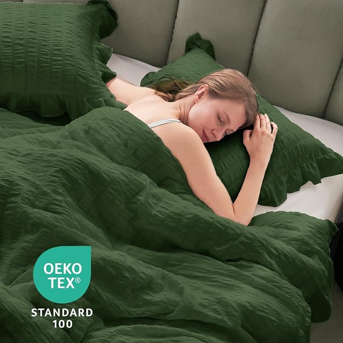 JOLLYVOGUE Dark Green King Comforter Set, 3 Pieces Seersucker Comforters King - Image 9