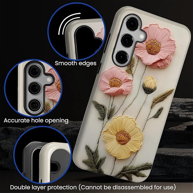 Case for Samsung Galaxy S24 Case, Faux Embroidery Boho Floral Design Hybrid - Image 4