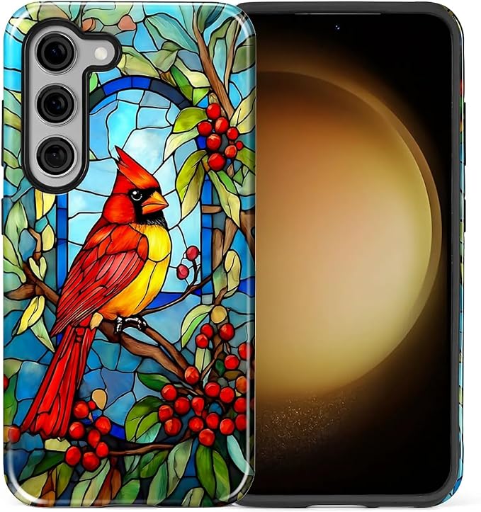 for Samsung Galaxy S23 Case, Stained Glass Cardinal Bird Pattern Glossy 2 in 1 - Image 2