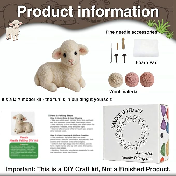 DIY Needle Felting Kit Cute White Lamb Lying – Needle Felting Starter Kit - Image 3