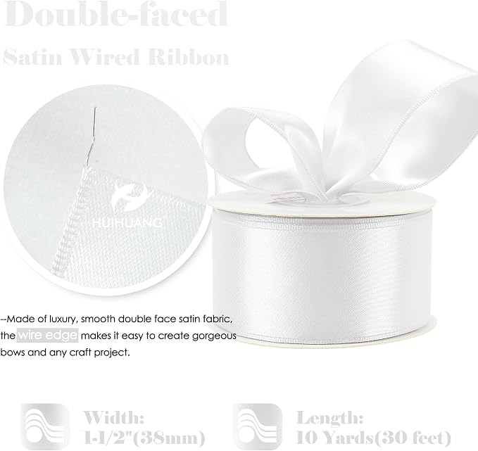 HUIHUANG White Satin Wired Ribbon 1-1/2 inch White Double-Faced Satin Wire - Image 2