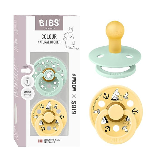 BIBS Colour Moomins Pacifier 2-Pack, BPA Free Pacifier, Round Nipple. Natural Rubber Latex, Made in Denmark, Size 1 (0-6 Months), Nordic Mint/Pale Butter