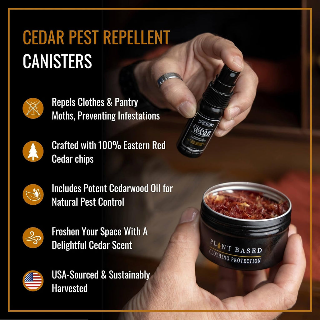 Dr. Killigan's Cedarwood Chip Canisters - Moth Repellent for Closets, Cedar Blocks for Clothes Storage, Drawer Deodorizers, 6 Reusable Tins with Wood Shavings