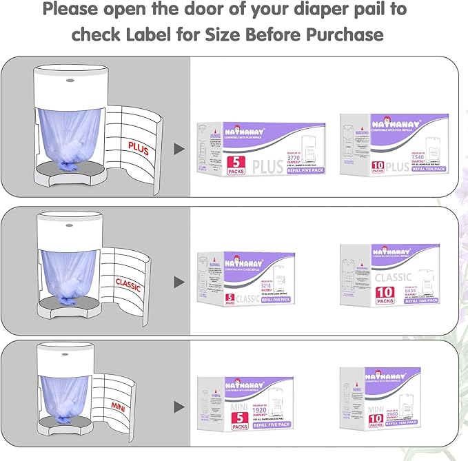 Diaper Pail Refill Bags Compatible With Dekor Mini Diaper Pail, Extra 30% Length, Lavender Scent, 10 Pack