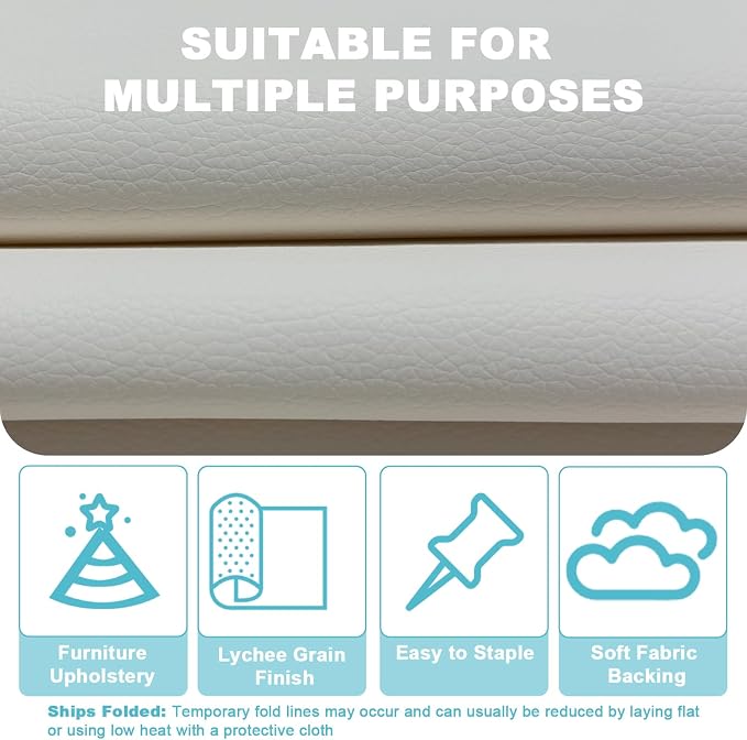 White Faux Leather Fabric 197"×55" Lychee Grain Upholstery Vinyl - Image 3