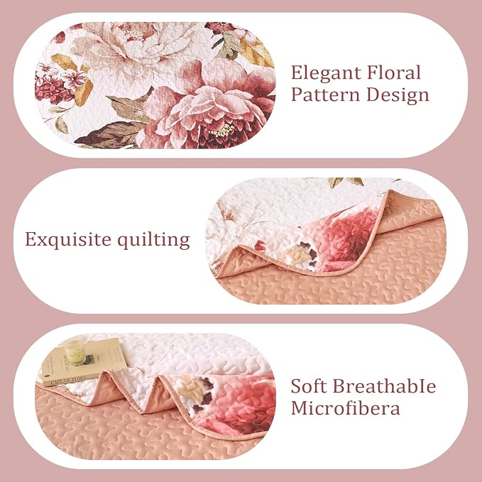 WONGS BEDDING Floral Quilt Set King, 3 Pieces Elegant Blush Flower Bedspread - Image 6