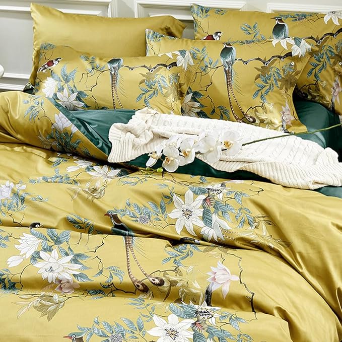 mixinni Duvet Cover Set King Size Bird Flower Pattern Soft Long Staple Cotton - Image 4