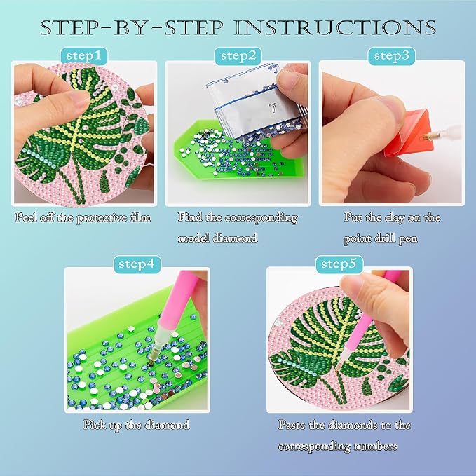 Clendo 8 Pcs Green Plants Diamond Painting Coasters Kits - Image 4