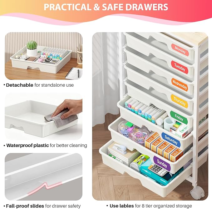 Goovilla Rolling Cart with Drawers, Utility Cart Organizer With 8 Removable - Image 3