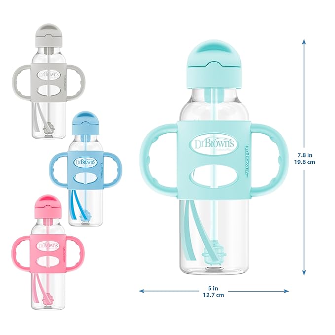 Dr. Brown's Milestones Narrow Sippy Straw Bottle, Spill-Proof with 100% Silicone Handles and Weighted Straw, 8 oz/250 mL, Gray & Pink, 6m+