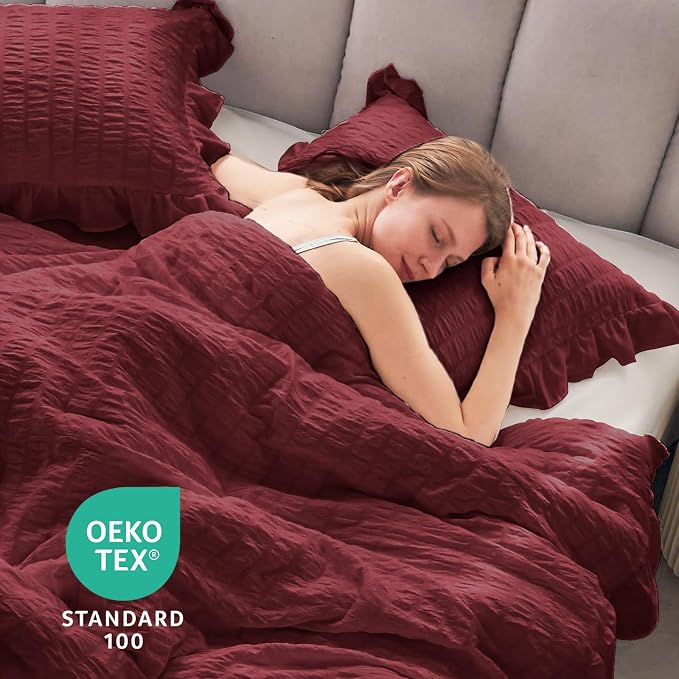 JOLLYVOGUE Twin Size Comforter Set, 2 Pieces Burgundy Seersucker Lightweight - Image 6
