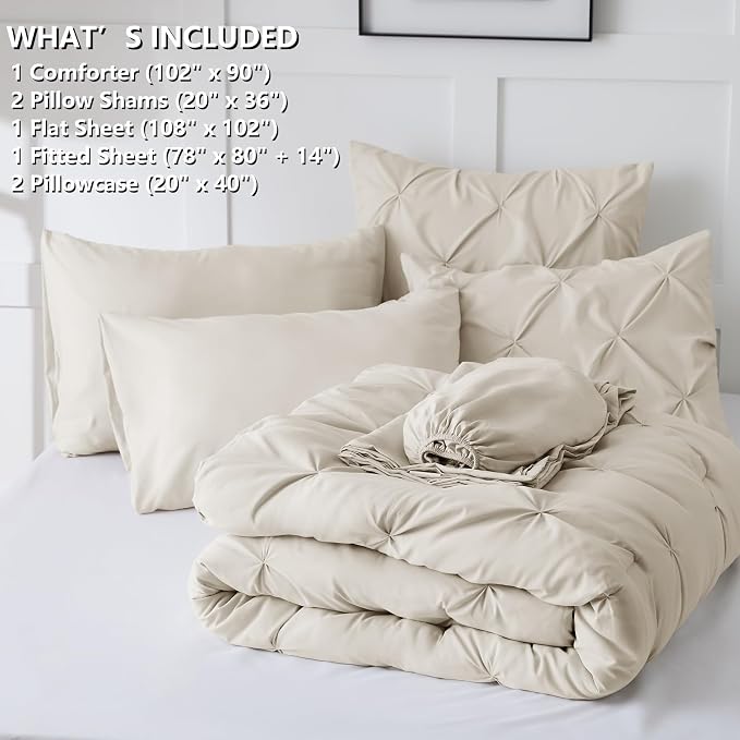 HIMEET Pintuck Bed in a Bag, 7 Pieces King Size Comforter Set Beige, Luxury - Image 8