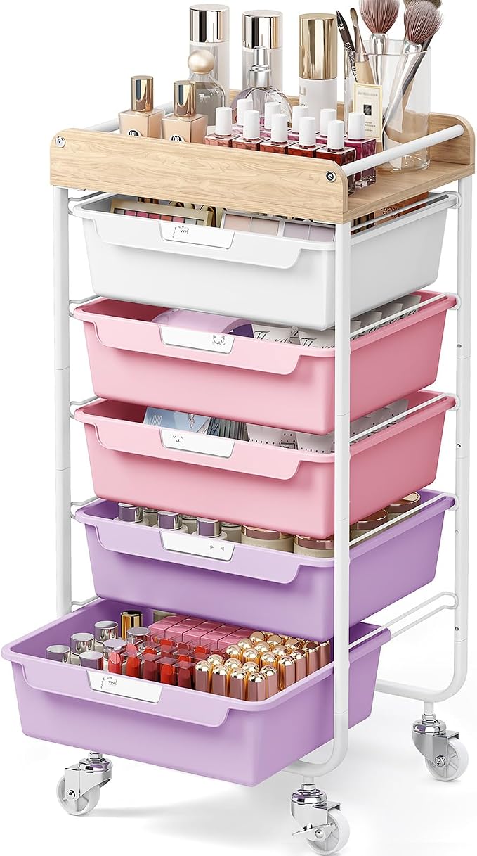 SYKIARIOL Utility Cart with 5 Labeling Drawers and Wooden Tabletop – Rolling by SYKIARIOL