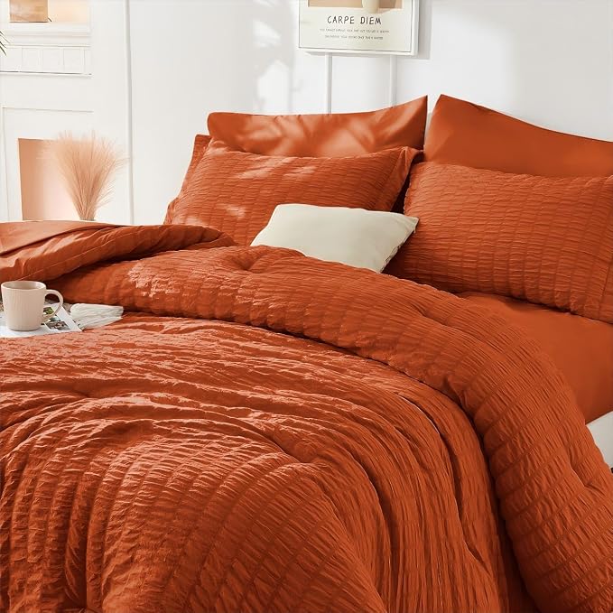 HYMOKEGE Burnt Orange Duvet Cover Queen Size, Ultra Soft 3-Piece Seersucker - Image 4