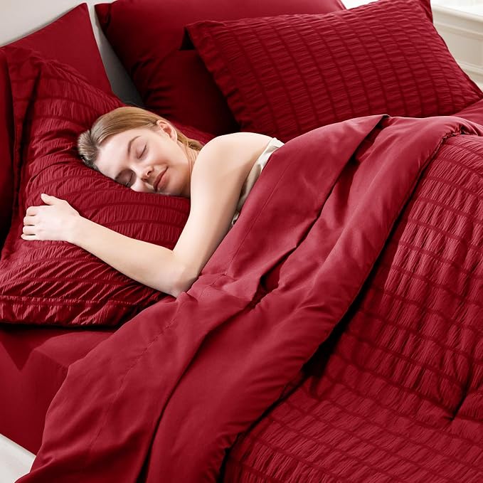 CozyLux Queen Comforter Set Dark Red Seersucker 7 Pieces Bed in a Bag Queen - Image 5