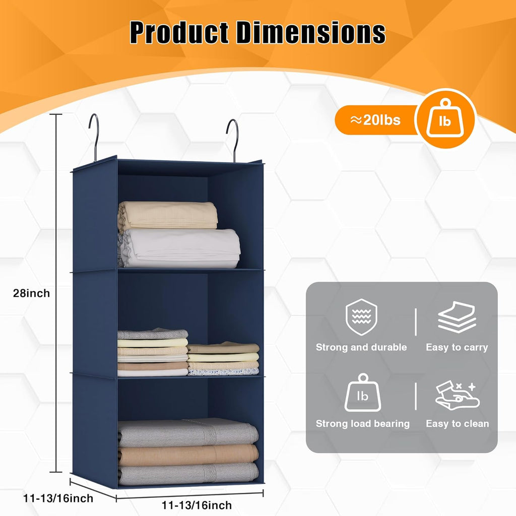 Hanging Closet Organizer - 3-Shelf, Easy Mount Foldable Wardrobe Storage Shelves for Clothes, Handbags, Shoes & Accessories - Washable Oxford Cloth Fabric, Navy Blue