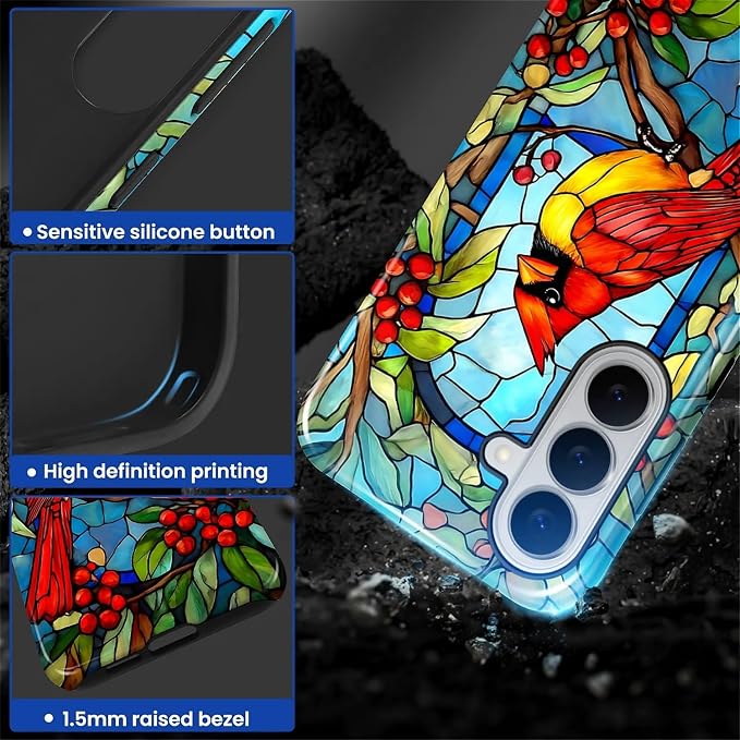 for Samsung Galaxy S26 Case, Stained Glass Cardinal Bird Pattern Glossy 2 in 1 - Image 4