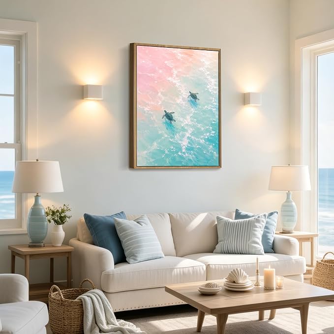 Framed Pastel Sea Turtle Canvas Wall Art Dreamy Pink Turquoise Ocean Turtle - Image 6
