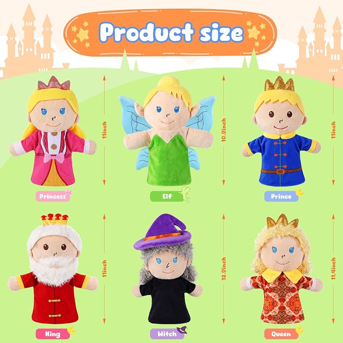 6 Pcs Castle Hand Puppets Fairy Tales Queen & King, Princess & Prince, Elf & - Image 3